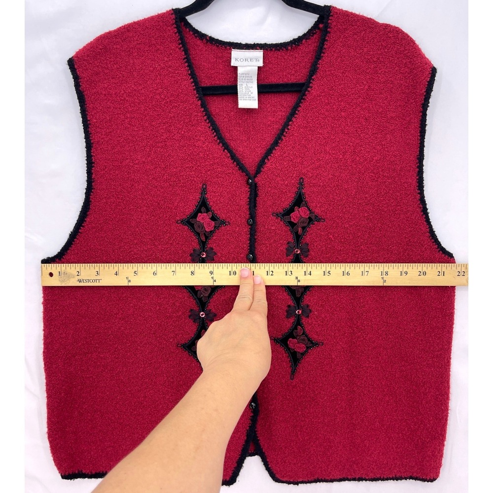 Koret Red Boucle Knit Vest L Vintage 90s Floral Ribbon Applique Beaded Diamond - Picture 4 of 8